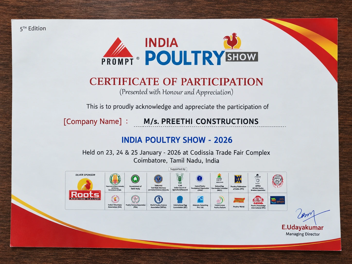 India Poultry Show 2026 certificate of participation for Preethi Constructions